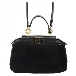 Pre Owned Fendi Black Shearling Fur Micro Peekaboo Satchel Bag