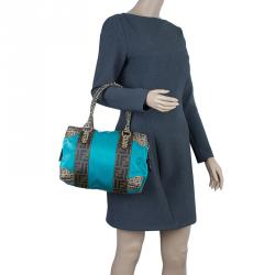 Pre Owned Fendi Blue Zucca Coated Canvas Mixed Media  Boston Bag