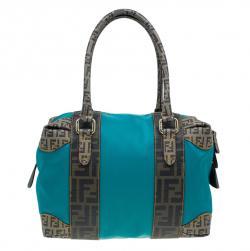 Pre Owned Fendi Blue Zucca Coated Canvas Mixed Media  Boston Bag