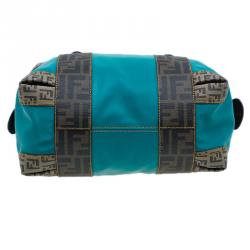 Pre Owned Fendi Blue Zucca Coated Canvas Mixed Media  Boston Bag