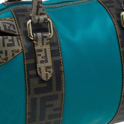 Pre Owned Fendi Blue Zucca Coated Canvas Mixed Media  Boston Bag