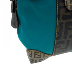 Pre Owned Fendi Blue Zucca Coated Canvas Mixed Media  Boston Bag