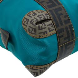 Pre Owned Fendi Blue Zucca Coated Canvas Mixed Media  Boston Bag