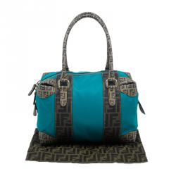 Pre Owned Fendi Blue Zucca Coated Canvas Mixed Media  Boston Bag