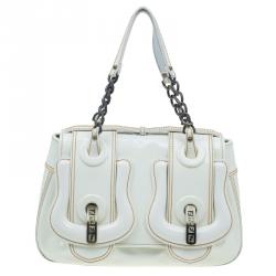 Pre Owned Fendi White Leather Patent Trim B Shoulder Bag