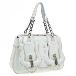 Pre Owned Fendi White Leather Patent Trim B Shoulder Bag