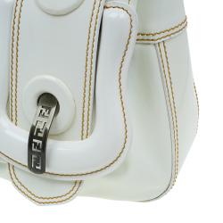 Pre Owned Fendi White Leather Patent Trim B Shoulder Bag