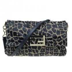 Pre Owned Fendi Black Canvas Animal Print Jacquard New Forever Flap Shoulder Bag