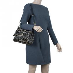 Pre Owned Fendi Black Canvas Animal Print Jacquard New Forever Flap Shoulder Bag