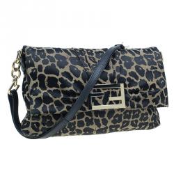 Pre Owned Fendi Black Canvas Animal Print Jacquard New Forever Flap Shoulder Bag