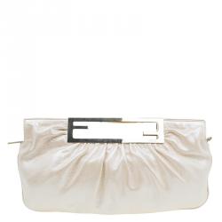 Pre Owned Fendi Metallic Beige Leather Cutout Handle Clutch