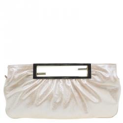 Pre Owned Fendi Metallic Beige Leather Cutout Handle Clutch