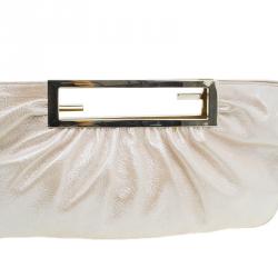 Pre Owned Fendi Metallic Beige Leather Cutout Handle Clutch