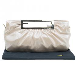 Pre Owned Fendi Metallic Beige Leather Cutout Handle Clutch