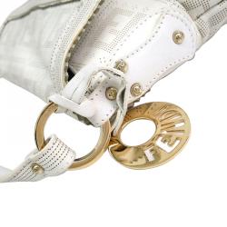 Pre Owned Fendi White Perforated Zucca Print Leather Chef Shoulder Bag