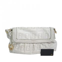 Pre Owned Fendi White Perforated Zucca Print Leather Chef Shoulder Bag