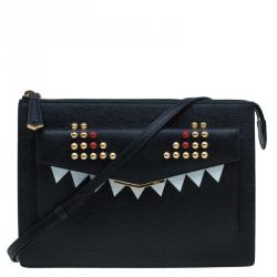 Pre Owned Fendi Black Textured Leather 2Jours Bugs Crossbody Bag