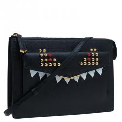 Pre Owned Fendi Black Textured Leather 2Jours Bugs Crossbody Bag