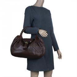 Pre Owned Fendi Brown Textured Leather Large Spy Hobo