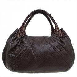 Pre Owned Fendi Brown Textured Leather Large Spy Hobo
