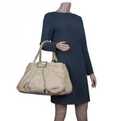 Pre Owned Fendi Cream Woven Patent Leather and Canvas Large Mia Shoulder Bag