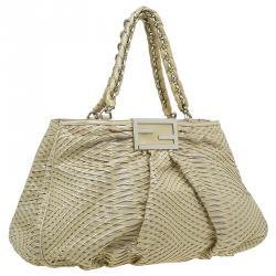 Pre Owned Fendi Cream Woven Patent Leather and Canvas Large Mia Shoulder Bag