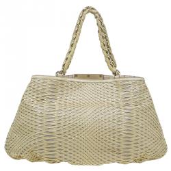 Pre Owned Fendi Cream Woven Patent Leather and Canvas Large Mia Shoulder Bag