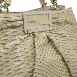 Pre Owned Fendi Cream Woven Patent Leather and Canvas Large Mia Shoulder Bag
