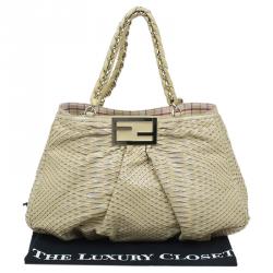 Pre Owned Fendi Cream Woven Patent Leather and Canvas Large Mia Shoulder Bag