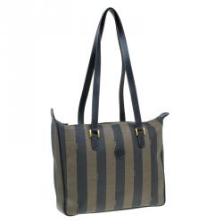 Pre Owned Fendi Tobacco Pequin Striped Coated Canvas Vinatge Tote