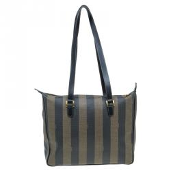 Pre Owned Fendi Tobacco Pequin Striped Coated Canvas Vinatge Tote