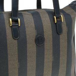 Pre Owned Fendi Tobacco Pequin Striped Coated Canvas Vinatge Tote