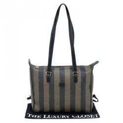 Pre Owned Fendi Tobacco Pequin Striped Coated Canvas Vinatge Tote
