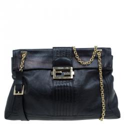 Fendi Black Metallic Leather Maxi Baguette Flap Shoulder Bag