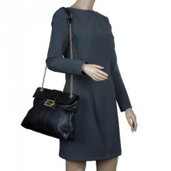 Fendi Black Metallic Leather Maxi Baguette Flap Shoulder Bag
