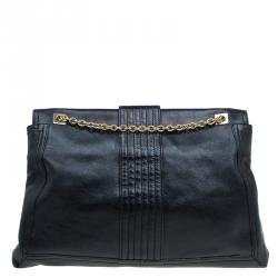 Fendi Black Metallic Leather Maxi Baguette Flap Shoulder Bag