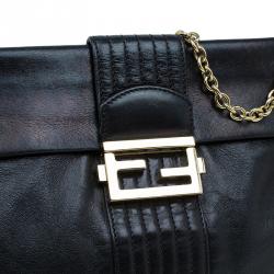 Fendi Black Metallic Leather Maxi Baguette Flap Shoulder Bag