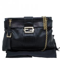 Fendi Black Metallic Leather Maxi Baguette Flap Shoulder Bag