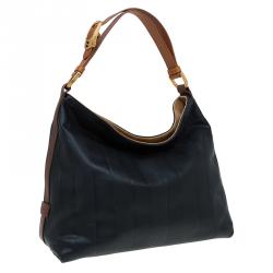 Pre Owned Fendi Black Leather Pequin Tonal Stripe Hobo 