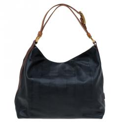 Pre Owned Fendi Black Leather Pequin Tonal Stripe Hobo 