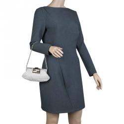 Pre Owned Fendi Metallic Beige/Silver Zucchino Canvas Frame Chain Clutch