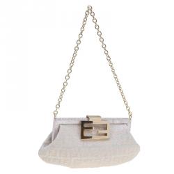 Pre Owned Fendi Metallic Beige/Silver Zucchino Canvas Frame Chain Clutch
