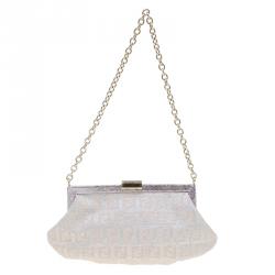 Pre Owned Fendi Metallic Beige/Silver Zucchino Canvas Frame Chain Clutch