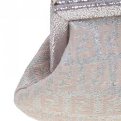 Pre Owned Fendi Metallic Beige/Silver Zucchino Canvas Frame Chain Clutch