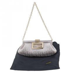 Pre Owned Fendi Metallic Beige/Silver Zucchino Canvas Frame Chain Clutch