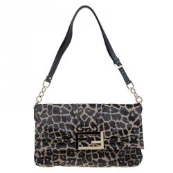 Pre Owned Fendi Bi Color Leopard Print Canvas New Forever Flap Bag