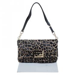 Pre Owned Fendi Bi Color Leopard Print Canvas New Forever Flap Bag