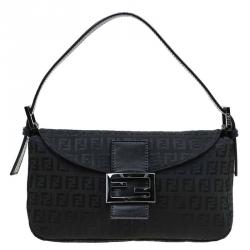Pre Owned Fendi Black Zucchino Canvas Baguette Shoulder Bag