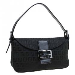 Pre Owned Fendi Black Zucchino Canvas Baguette Shoulder Bag