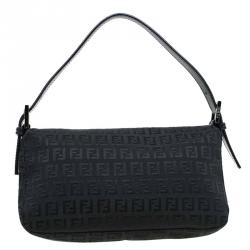 Pre Owned Fendi Black Zucchino Canvas Baguette Shoulder Bag